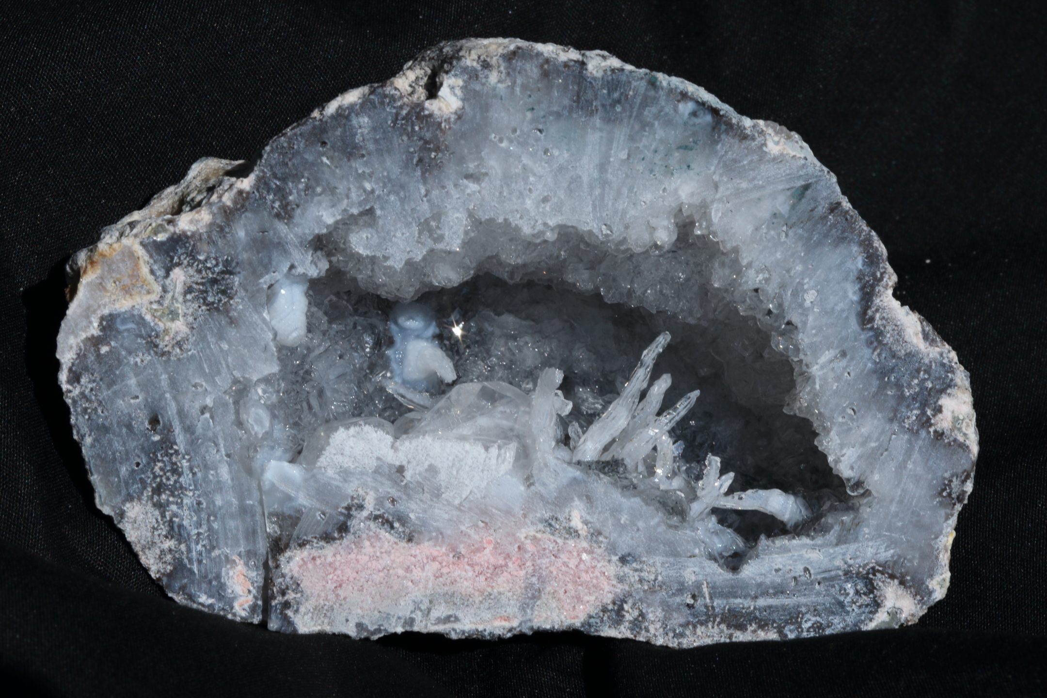 Live Geode Cracking & Demonstrations Freshly cracked geode displaying sparkly interior quartz crystals.